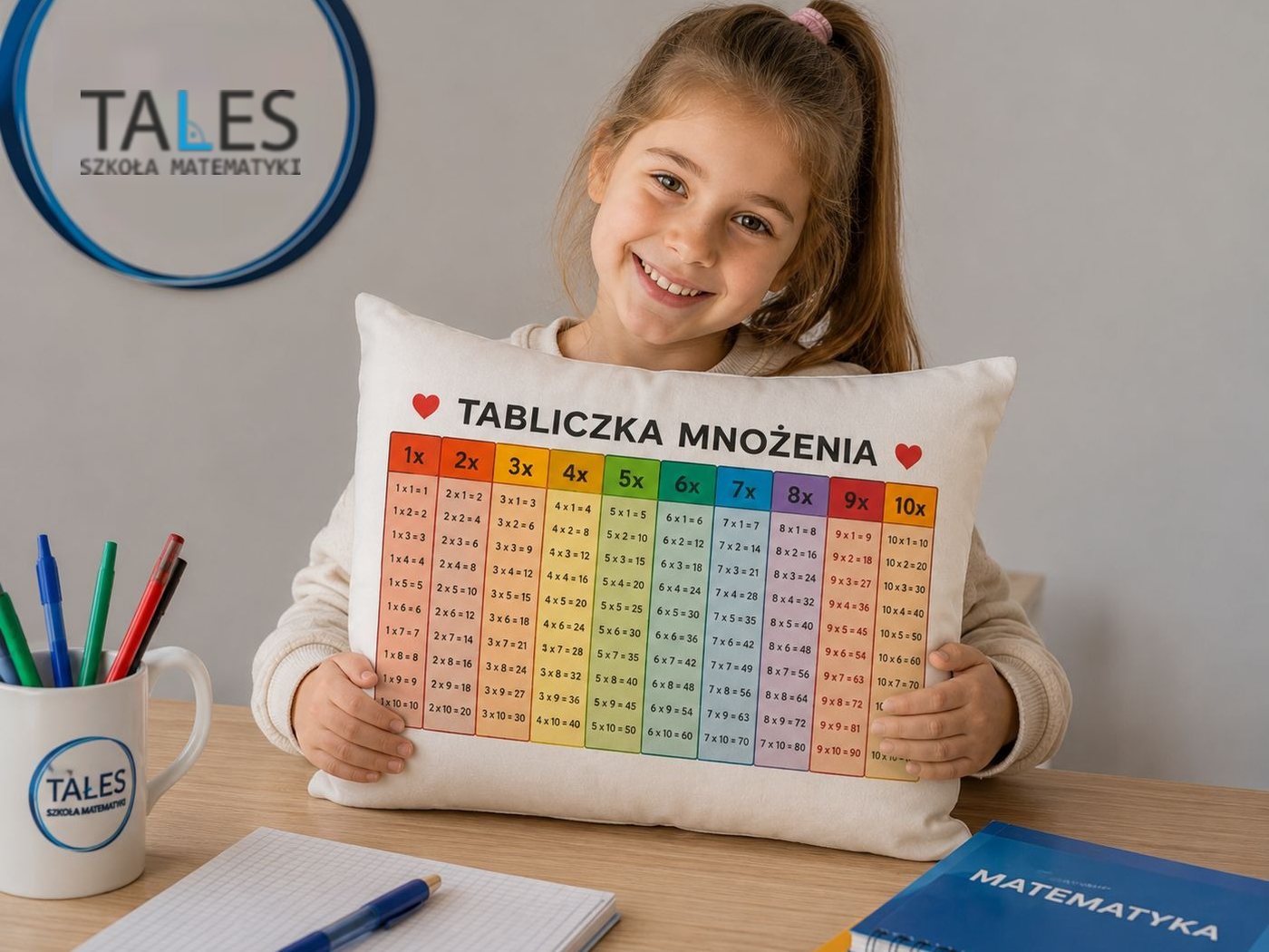 Dziewczynka z poduszką z tabliczką mnożenia wykonaną na warsztatach TALES